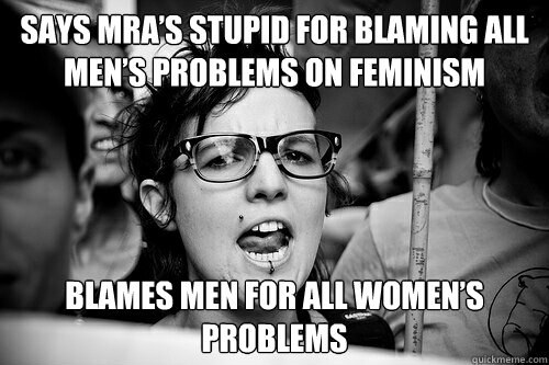 Says mra’s stupid for blaming all men’s problems on feminism Blames men for all women’s problems  Hypocrite Feminist