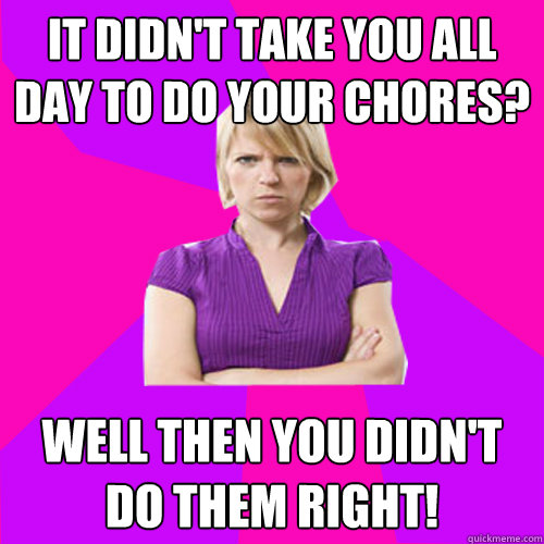 It didn't take you all day to do your chores? Well then you didn't do them right! - It didn't take you all day to do your chores? Well then you didn't do them right!  Always angry suburban mom