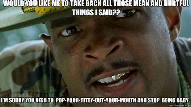 I'm sorry you need to  pop-your-titty-out-your-mouth AND STOP  Being BABY.   Would you like me to take back all those mean and hurtful things I said??  Major Payne