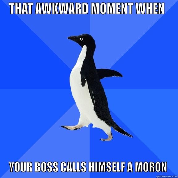 THAT AWKWARD MOMENT WHEN  YOUR BOSS CALLS HIMSELF A MORON Socially Awkward Penguin
