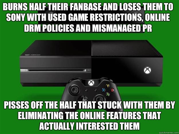 Burns half their fanbase and loses them to Sony with used game restrictions, online DRM policies and mismanaged PR Pisses off the half that stuck with them by eliminating the online features that actually interested them  xbox one