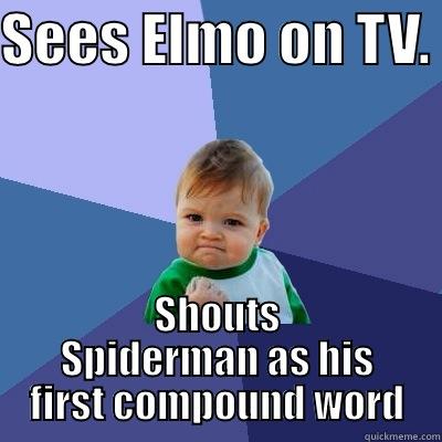 SEES ELMO ON TV.  SHOUTS SPIDERMAN AS HIS FIRST COMPOUND WORD Success Kid