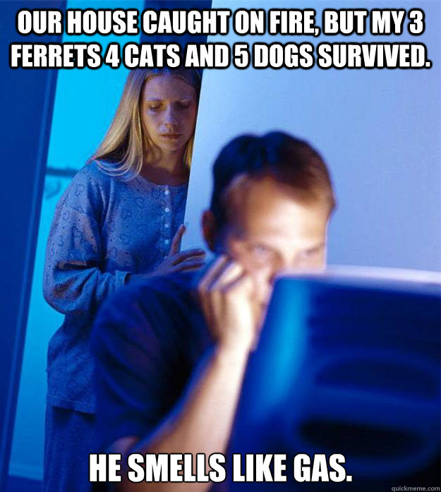 Our house caught on fire, but my 3 ferrets 4 cats and 5 dogs survived. He smells like gas.   Redditors Wife