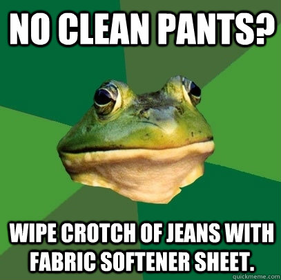 No clean pants? Wipe crotch of jeans with Fabric Softener sheet.  Foul Bachelor Frog
