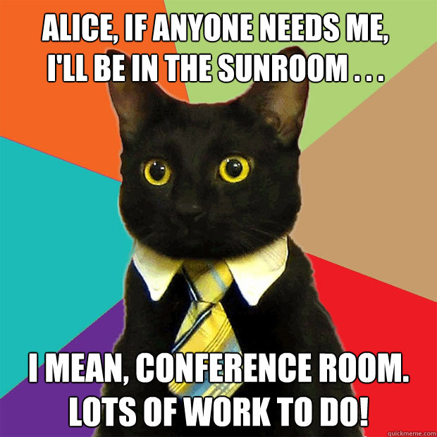 Alice, if anyone needs me,
I'll be in the sunroom . . . I mean, conference room. Lots of work to do!  Business Cat