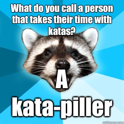 What do you call a person that takes their time with katas? A kata-piller  Lame Pun Coon