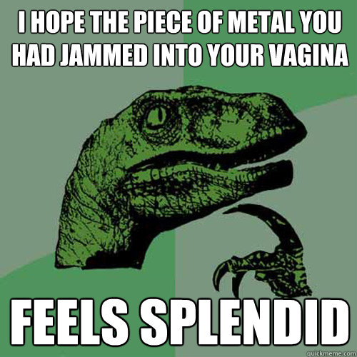I hope the piece of metal you had jammed into your vagina feels splendid  Philosoraptor