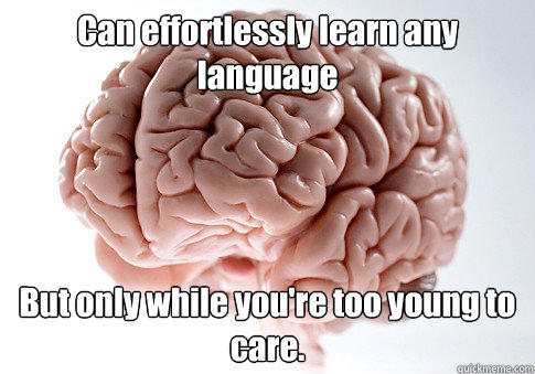 Can effortlessly learn any language But only while you're too young to care. - Can effortlessly learn any language But only while you're too young to care.  Scumbag Brain