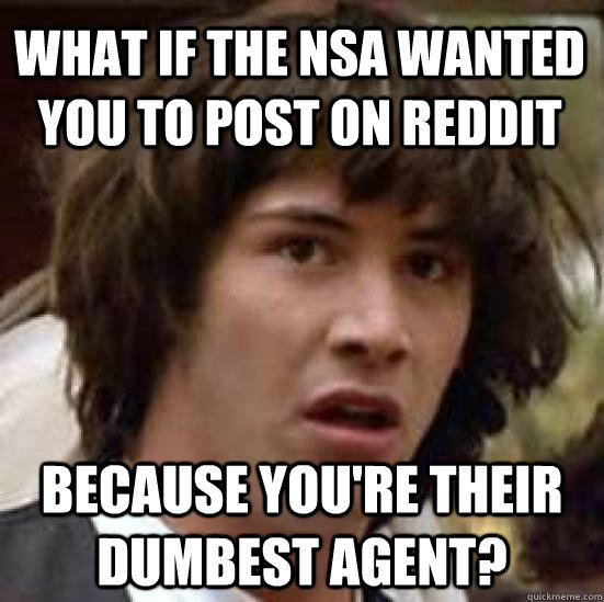 What if the NSA wanted you to post on reddit Because you're their dumbest agent?  conspiracy keanu