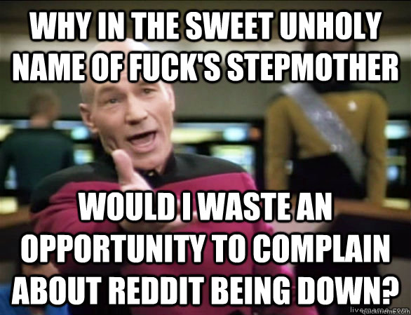 why in the sweet unholy name of fuck's stepmother would i waste an opportunity to complain about reddit being down?  Annoyed Picard HD