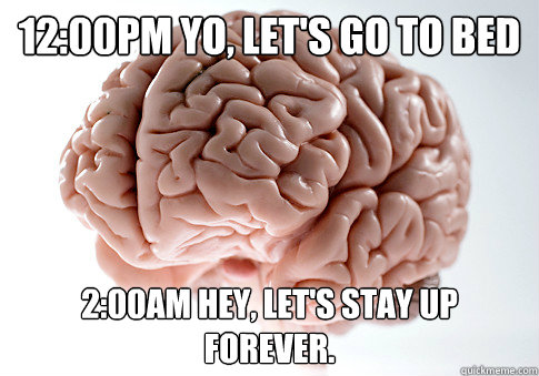 12:00pm Yo, let's go to bed 2:00am Hey, Let's stay up forever. - 12:00pm Yo, let's go to bed 2:00am Hey, Let's stay up forever.  Scumbag Brain