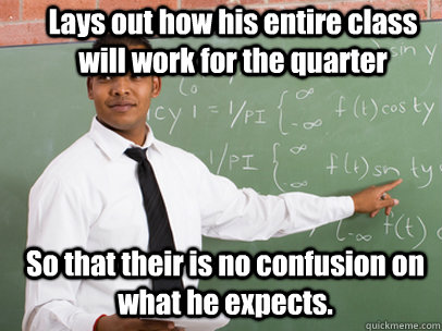 Lays out how his entire class will work for the quarter  So that their is no confusion on what he expects.   Good Guy Teacher