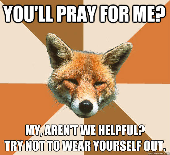 You'll pray for me? My, aren't we helpful? 
Try not to wear yourself out. - You'll pray for me? My, aren't we helpful? 
Try not to wear yourself out.  Condescending Fox