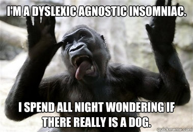 I'm a dyslexic agnostic insomniac. I spend all night wondering if there really is a dog.  