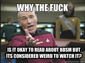 Why the fuck is it okay to read about bdsm but its considered weird to watch it?  Annoyed Picard