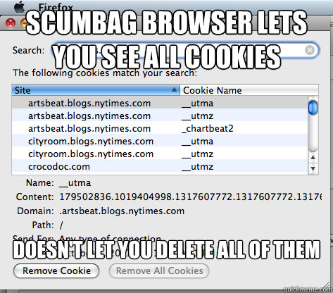 scumbag browser lets you see all cookies doesn't let you delete all of them
  - scumbag browser lets you see all cookies doesn't let you delete all of them
   Scumbag browser