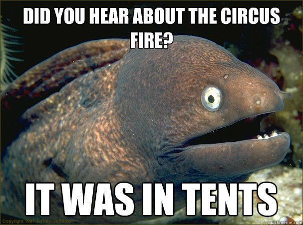 Did you hear about the circus fire? It was in tents  Bad Joke Eel