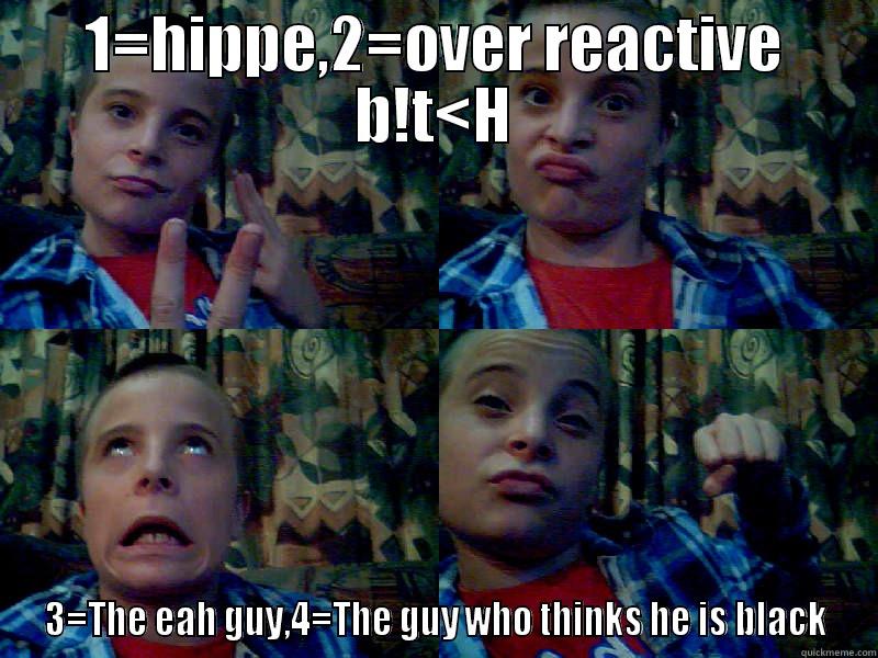 1=HIPPE,2=OVER REACTIVE B!T<H 3=THE EAH GUY,4=THE GUY WHO THINKS HE IS BLACK Misc