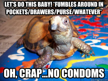 Let's do this baby! *fumbles around in pockets/drawers/purse/whatever* Oh, crap...no condoms - Let's do this baby! *fumbles around in pockets/drawers/purse/whatever* Oh, crap...no condoms  Sexually Awkward Turtle