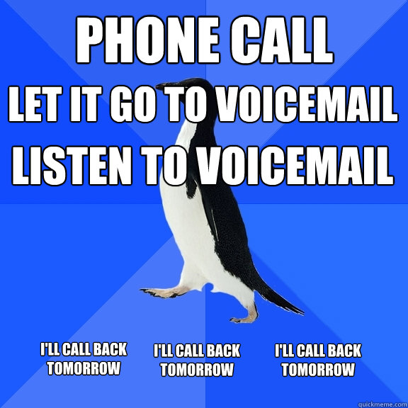 Phone call Let it go to voicemail Listen to voicemail I'll call back tomorrow I'll call back tomorrow I'll call back tomorrow  Socially Awkward Penguin