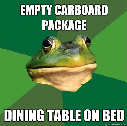 Empty carboard package dining table on bed  Foul Bachelor Frog