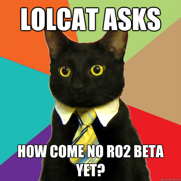 Lolcat asks How come no RO2 beta yet?  Business Cat