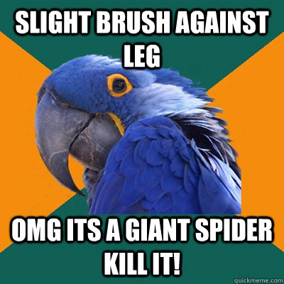 Slight brush against leg OMG ITS A GIANT SPIDER KILL IT!  Paranoid Parrot