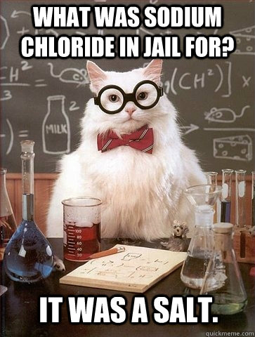 What was sodium chloride in jail for? It was a salt. - What was sodium chloride in jail for? It was a salt.  Chemistry Cat