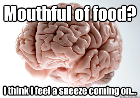 Mouthful of food? I think I feel a sneeze coming on...  Scumbag Brain
