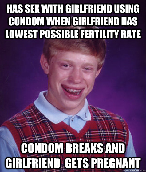 has sex with girlfriend using condom when girlfriend has lowest possible fertility rate Condom breaks and girlfriend  gets pregnant  Bad Luck Brian
