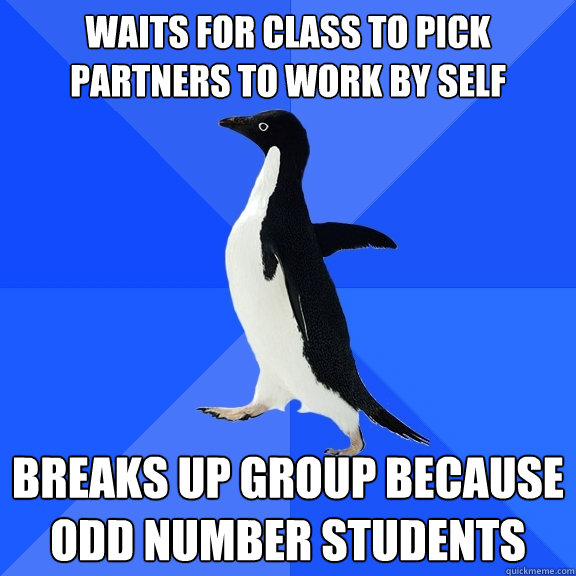 Waits for class to pick partners to work by self breaks up group because odd number students  Socially Awkward Penguin
