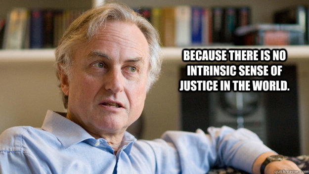 Because there is no intrinsic sense of justice in the world.  Dawkins