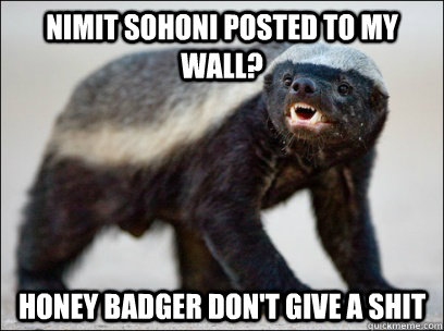 nimit sohoni posted to my wall? honey badger don't give a shit  