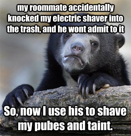 my roommate accidentally knocked my electric shaver into the trash, and he wont admit to it So, now I use his to shave my pubes and taint. - my roommate accidentally knocked my electric shaver into the trash, and he wont admit to it So, now I use his to shave my pubes and taint.  Confession Bear