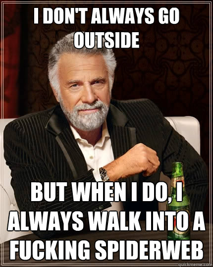 I don't always go outside But when I do, I always walk into a fucking spiderweb  The Most Interesting Man In The World