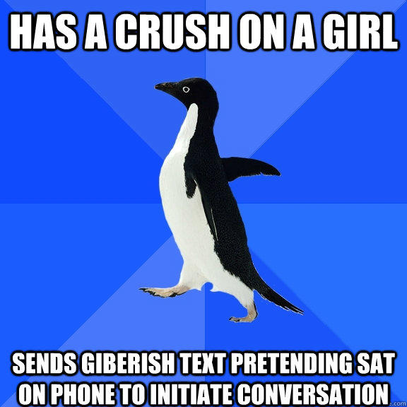 has a crush on a girl Sends Giberish text pretending sat on phone to initiate conversation  Socially Awkward Penguin