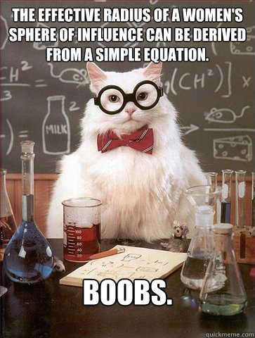 The effective radius of a women's sphere of influence can be derived from a simple equation.

 Boobs.  Science Cat