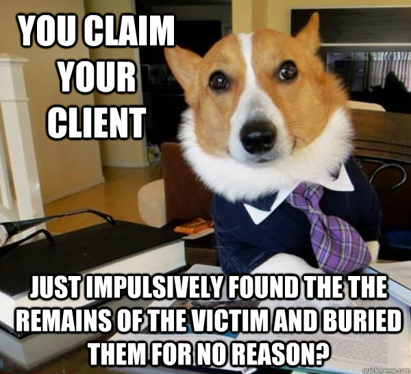You claim your client just impulsively found the the remains of the victim and buried them for no reason? - You claim your client just impulsively found the the remains of the victim and buried them for no reason?  Lawyer Dog