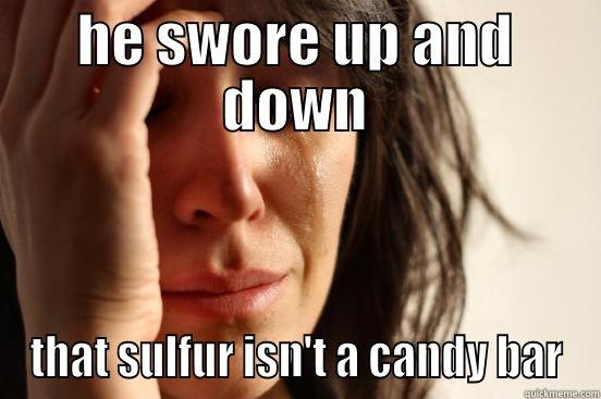 HE SWORE UP AND DOWN THAT SULFUR ISN'T A CANDY BAR First World Problems