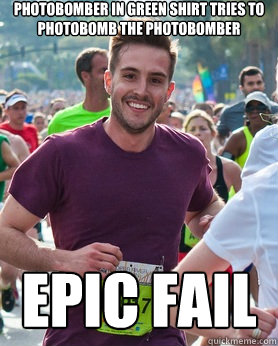 Photobomber in green shirt tries to photobomb the photobomber Epic Fail  Ridiculously photogenic guy