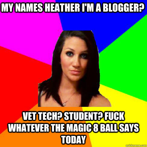 My names Heather i'm a blogger? Vet tech? Student? Fuck whatever the magic 8 ball says today Caption 3 goes here Caption 4 goes here  