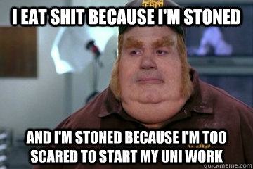 I eat shit because I'm stoned and I'm stoned because I'm too scared to start my uni work  Fat Bastard awkward moment