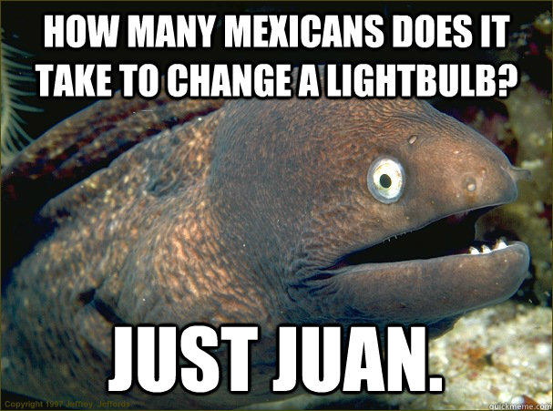 How many mexicans does it take to change a lightbulb? Just Juan.  Bad Joke Eel