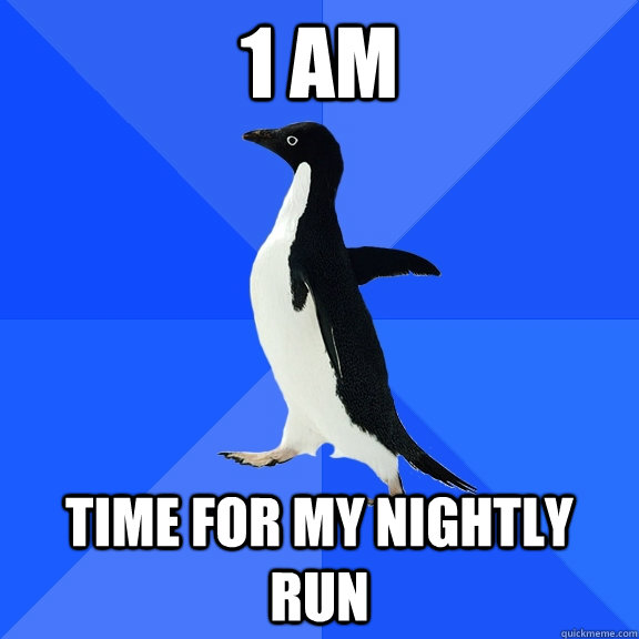 1 am time for my nightly run  Socially Awkward Penguin
