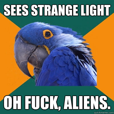 Sees strange light oh fuck, aliens.  Paranoid Parrot