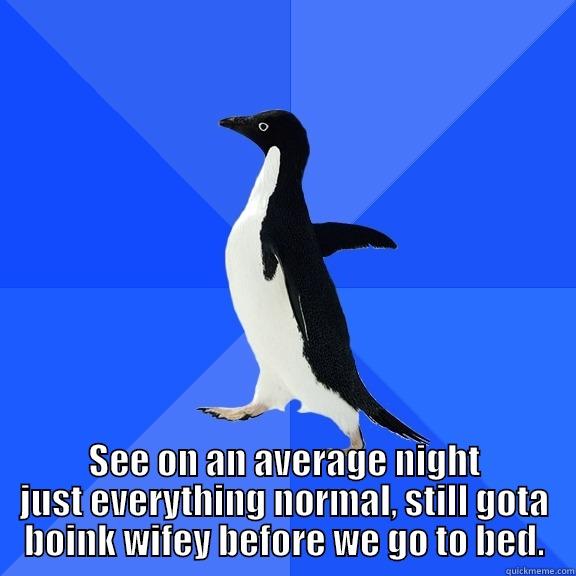  SEE ON AN AVERAGE NIGHT JUST EVERYTHING NORMAL, STILL GOTA BOINK WIFEY BEFORE WE GO TO BED. Socially Awkward Penguin