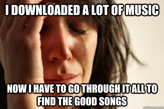 I downloaded a lot of music Now i have to go through it all to find the good songs  First World Problems