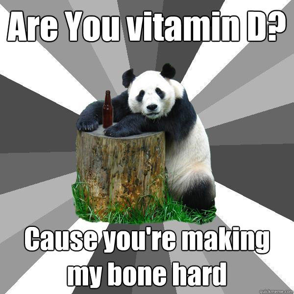 Are You vitamin D? Cause you're making my bone hard  Pickup-Line Panda