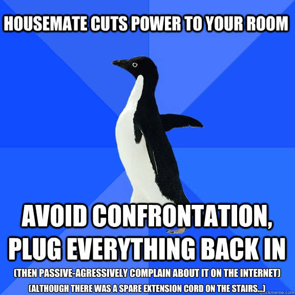 Housemate cuts power to your room Avoid Confrontation, Plug everything back in (Then passive-agressively complain about it on the internet) (although there was a spare extension cord on the stairs...)  Socially Awkward Penguin