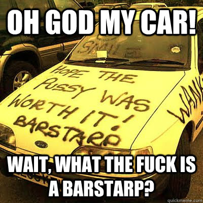 oh god my car! Wait, what the fuck is a Barstarp?  